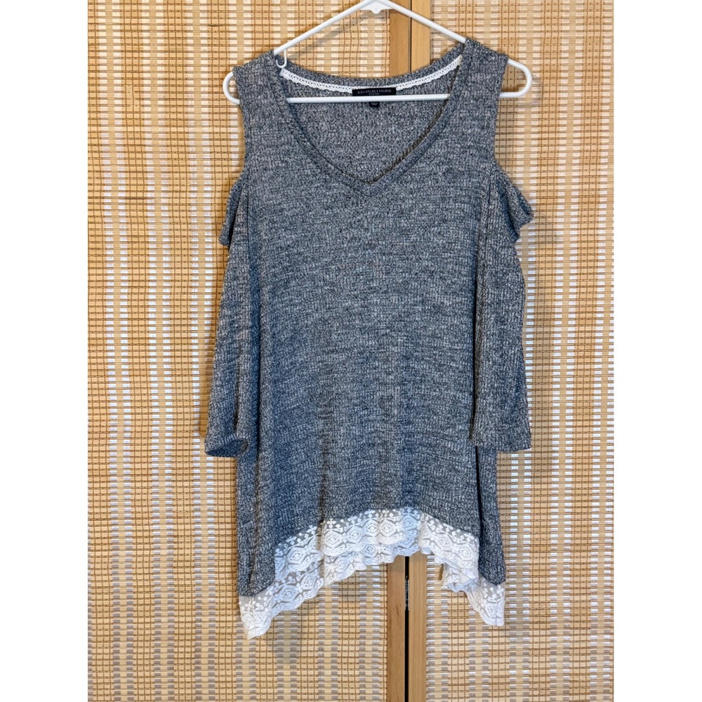 Signature Studio Grey Lurex Cold Shoulder Lace Trim Tunic Top Plus Size 2X Boho